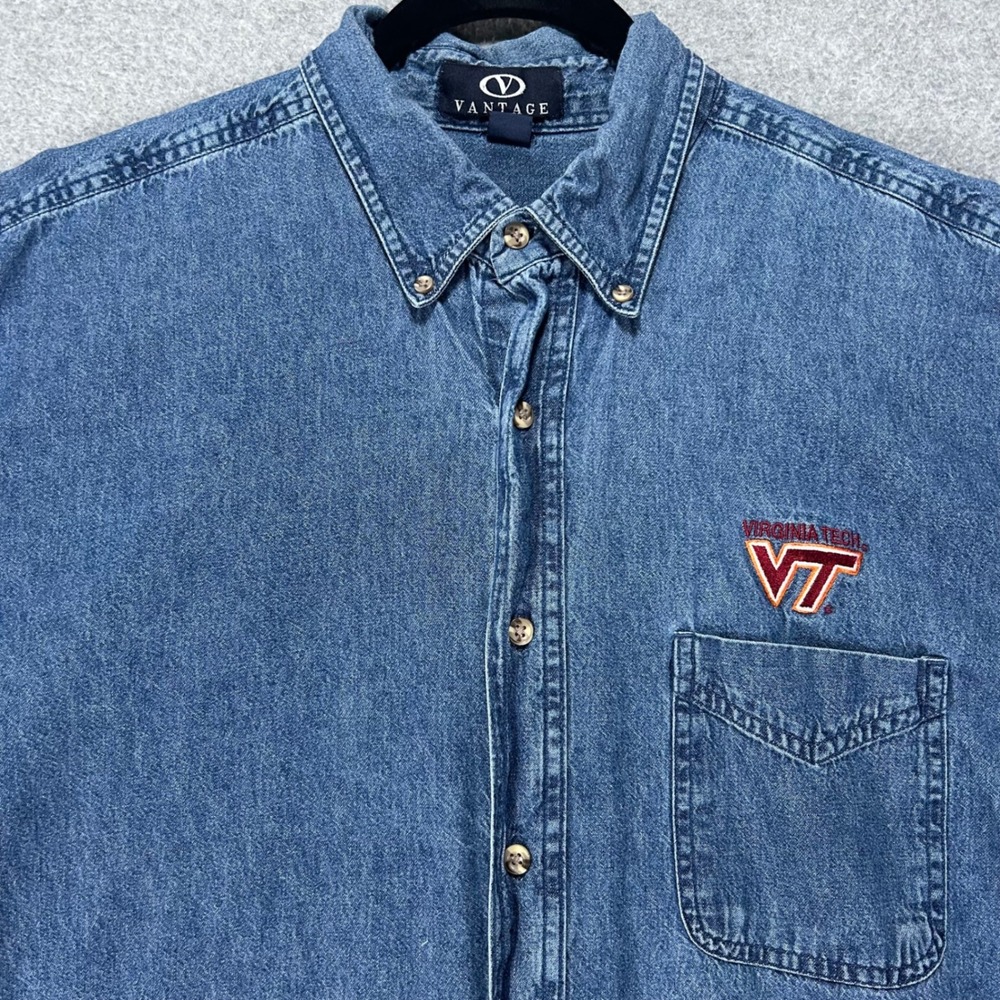 Virginia Tech Hokies Vantage Denim Shirt Mens Large Blue Collegiate Casual 1975